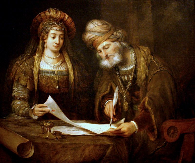 <strong>Mordecai writing the first Purim Letter</strong>, by Aert de Gelder
