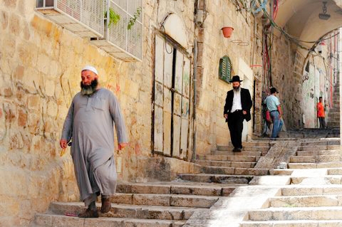 Muslim Man-Walking-Jewish Man-Old City-Jerusalem-Israel