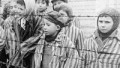 Child survivors of Auschwitz stand behind barbed wire fence wearing adult-sized prisoner jackets.