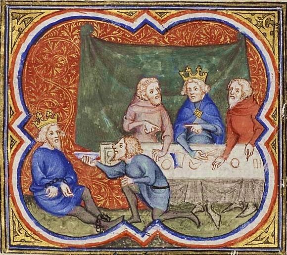 Zedekiah as depicted in Petrus Comestor's Bible Historiale. Zedekiah-chained-Nebuchadnezzar-Petrus-Comestor-Bible-Historiale