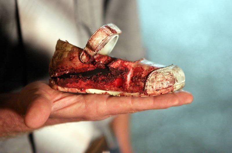 bloodied shoe-Israeli child-rocket fired-Israeli mall-Ashkelon