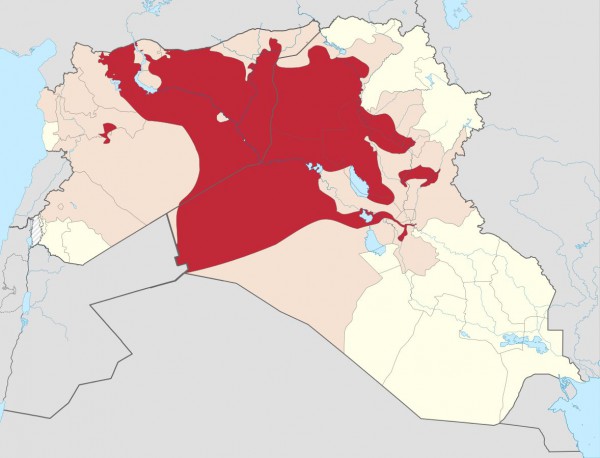 In this map that reveals the territorial control of ISIS, the red areas represent the areas of Syria and Iraq that are controlled by ISIS, the peach colored areas represent the territory currently claimed by ISIS, and the yellow areas represent the rest of Syria and Iraq.