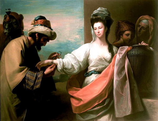 Isaac's Servant Tying the Bracelet on Rebecca's Arm, by Benjamin West Isaac's Servant Tying the Bracelet on Rebecca's Arm, by Benjamin West