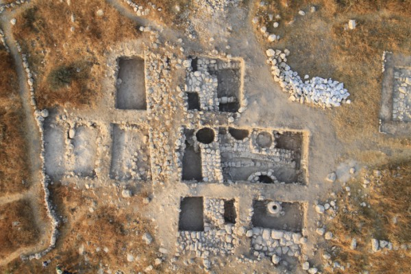 The fortifications, silos and 9th-8th Century architecture of Area A1 at Tel Burna.  A store jar and other complete vessels were found to the east (left) of the outer fortification (Source: Tel Burna Excavation Project)