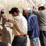 Jewish men pray in the men's section at the Western Wall.