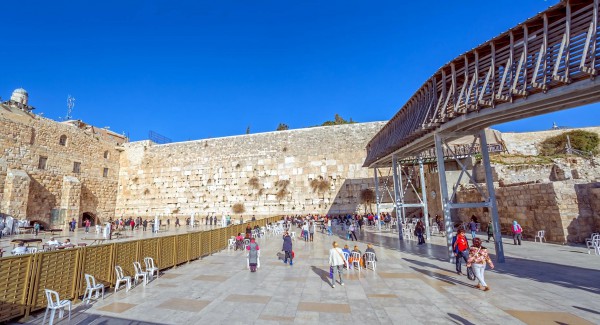 The raised temporary structure on the right side of this photo of the Western Wall Plaza is the Mugrabi Bridge, the only access point for Jews and Christians to the Temple Mount.