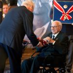 Sir Nicholas Winton (right) receives the Order of the White Lion from Czech President Miloš Zeman (left) at Prague Castle in Prague, Republic, on October 28, 2014.