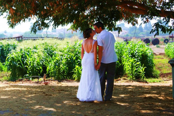 Israeli bride and groom share a kiss in the shade of a tree. (Photo by Reut C)