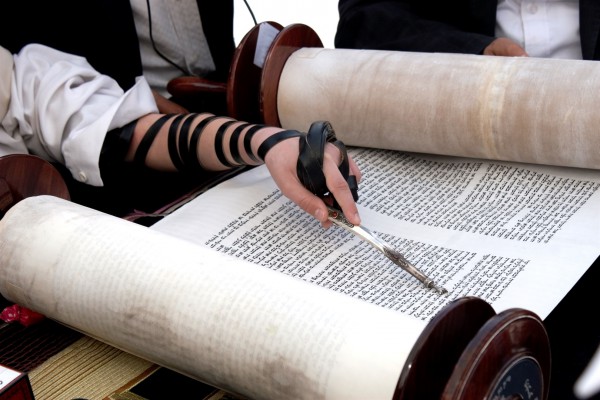 A Jewish youth wearing tefillin (phylacteries) reads from the Torah scroll, keeping his place with a yad (Torah pointer).