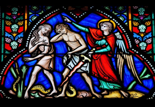 Adam and Eve Expelled from the Garden (stained glass in the Cathedral of Brussels, Belgium)