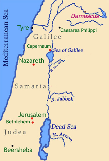 Map: Bethlehem and Jerusalem in Judea; Nazareth and Capernaum in Galilee.