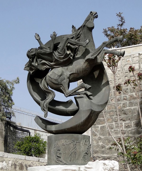 Statue of Saint Paul falling off his horse at the Chapel of St. Paul in Bab Kisan (Kisan Gate), which is one of the eight ancient city-gates of Damascus, Syria. and is said to be the escape route of St Paul.