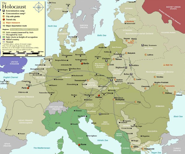 Map of major extermination and concentration camps throughout Europe during the Holocaust.