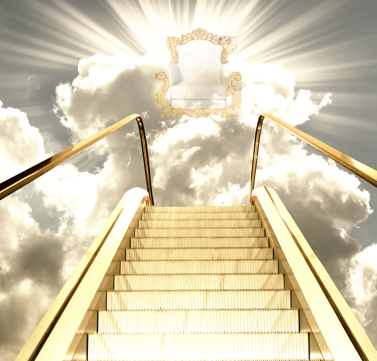 Gold throne in the clouds with gold stairs leading up to it.